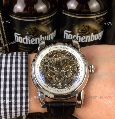 Patek Philippe Skeleton Replica Watch SS Black Leather Strap White Inner